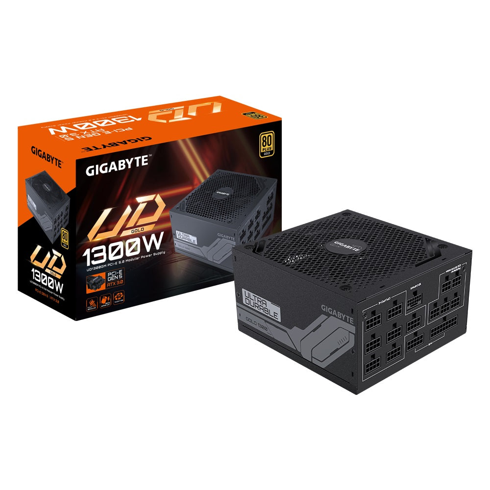 Gigabyte UD1300GM PG5 1300W ATX PSU Power Supply  80+ Gold >90% 140mm Fan Black Flat Cables Single +12V   >100K Hrs Gigabyte UD1300GM PG5 1300W ATX PSU Power Supply  80+ Gold >90% 140mm Fan Black Flat Cables Single +12V   >100K Hrs